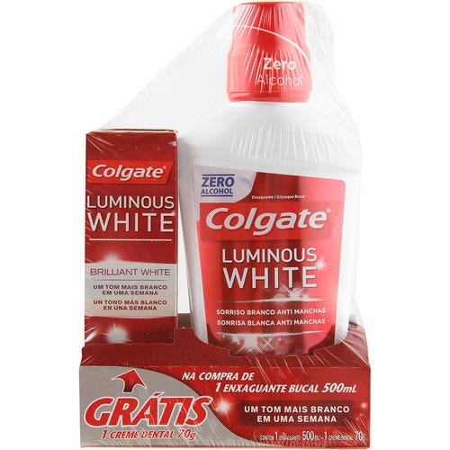 Kit Enxaguatório Bucal Colgate Luminous White 500ml + Creme Dental 70g