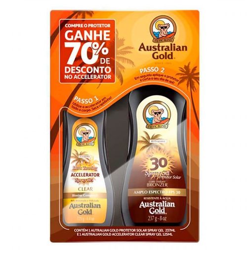 Kit Protetor Solar Australian Golg FPS30 Gel Spray 237g + Dark Tanning Spray 125g Desconto 70%