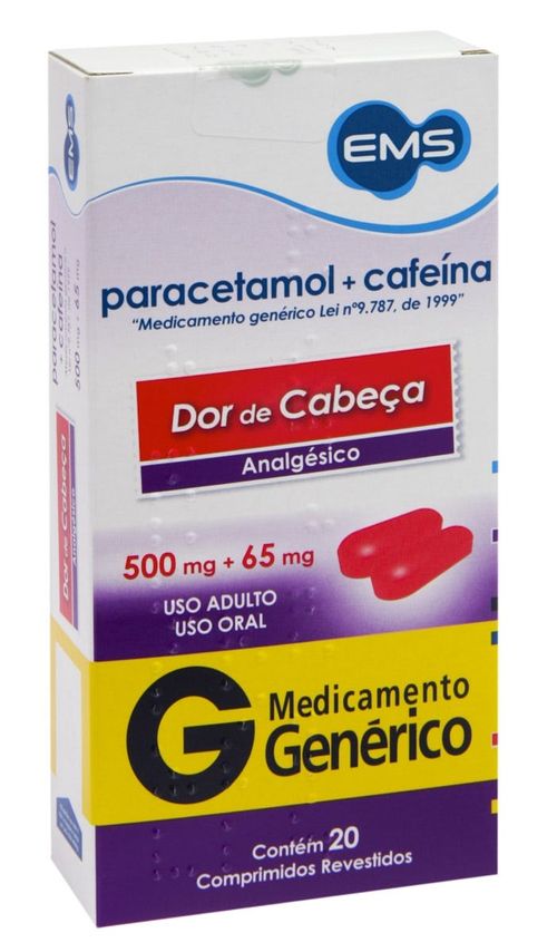 Paracetamol 500mg + Cafeína 65mg EMS Genérico Caixa 20 Comprimidos Revestidos
