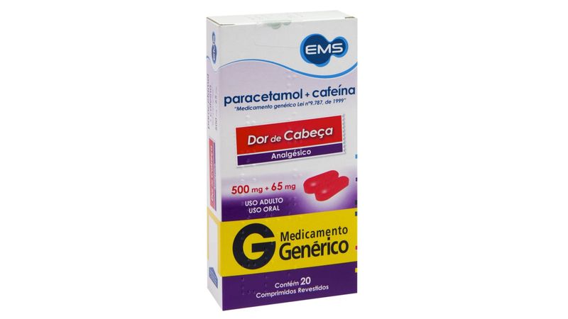 Paracetamol-500mg---Cafeina-65mg-EMS-Generico-Caixa-20-Comprimidos-Revestidos-