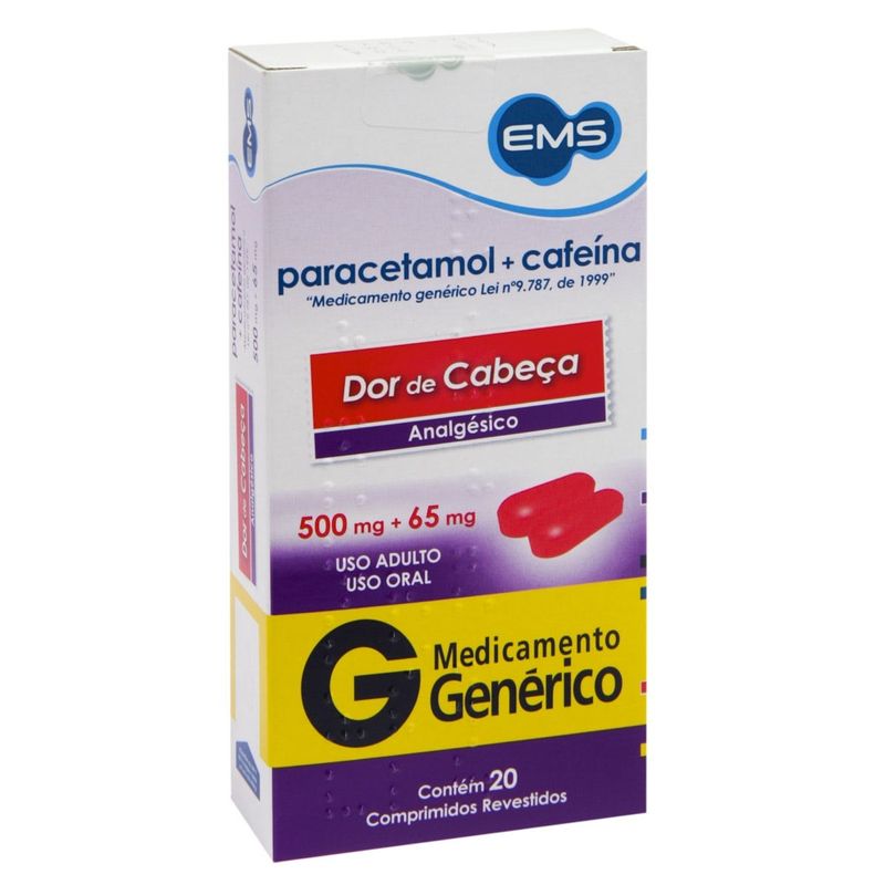 Paracetamol-500mg---Cafeina-65mg-EMS-Generico-Caixa-20-Comprimidos-Revestidos-