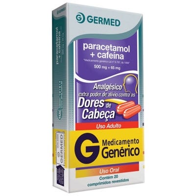 Paracetamol 500mg + Cafeína 65mg Germed Genérico Caixa 20 Comprimidos Revestidos