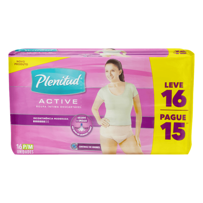 Roupa-Intima-Descartavel-Plenitud-Active-Feminina-Tamanho-para-M-Leve-16-Pague-15-Unidades