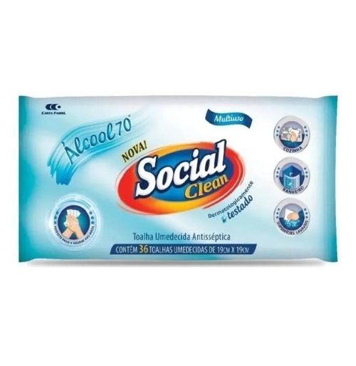 Toalhas Umedecidas Social Clean Antissépticas Álcool 70 36 Unidades