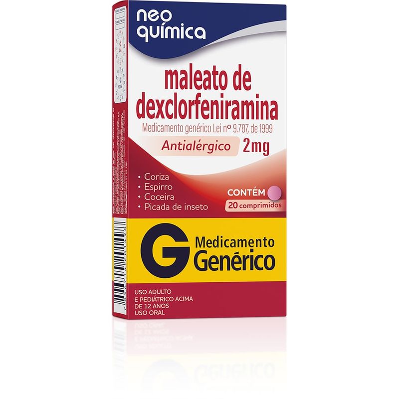 Maleato de Dexclorfeniramina 2mg Neo Química Genérico Caixa 20 Comprimidos