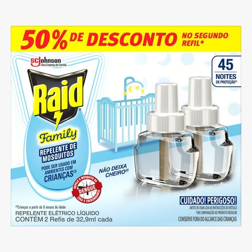 Raid Inseticida Elétrico Líquido Refil 45 Noites 32,9ml 2 Unidades Desconto de 50% na Segunda Unidade
