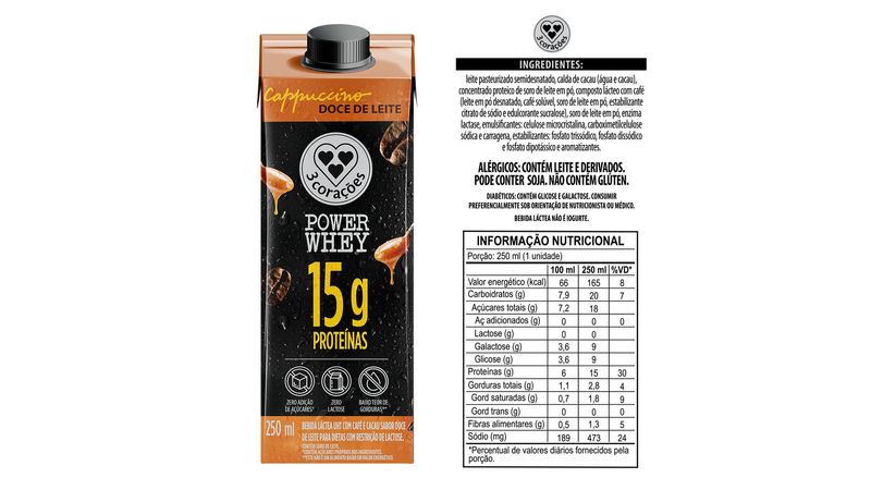 Power Whey 3 Corações Cappuccino Doce de Leite 250ml