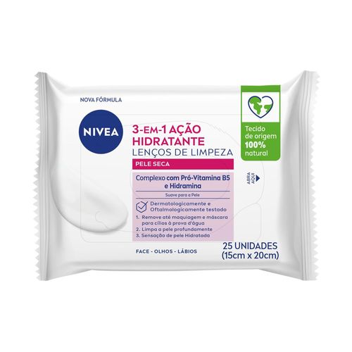 Lenços Demaquilante Nivea 3 em 1 Ação Hidratante 25 unidades