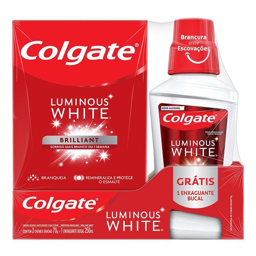 Kit Creme Dental Colgate Luminous White para Clareamento Brilliant Mint 70g Promo Grátis 1 Enxaguante Bucal