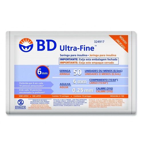 Seringa BD Ultra Fine 50UI Agulha 6mm 10 Unidades