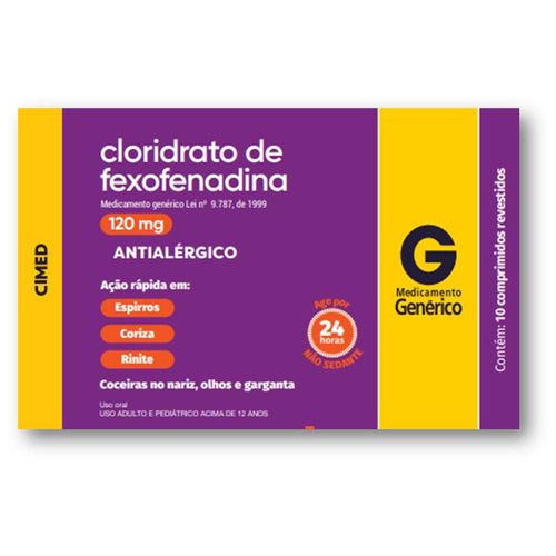 Cloridrato de Fexofenadina 120mg Cimed Genérico Caixa 10 Comprimidos Revestidos