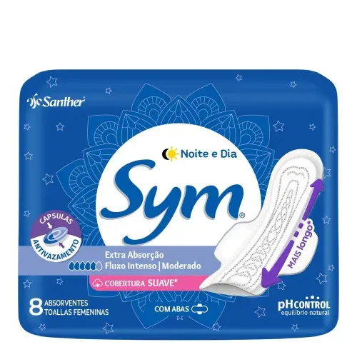 Absorvente Sym Noite e Dia Suave Com Abas 8 Unidades