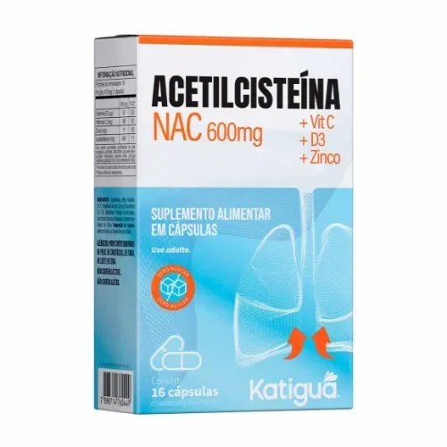 Acetilcisteina 600mg Katiguá com Vitamina C D3 e Zinco sem Sabor 16 Cápsulas