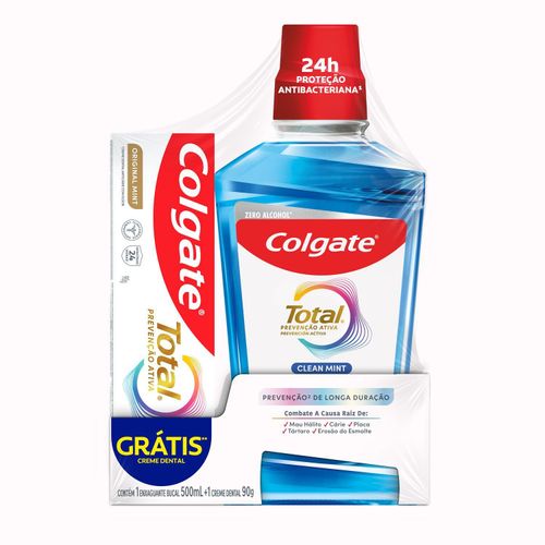 Kit Enxaguatório Bucal Colgate Total Prevenção Ativa 500ml + Creme Dental Colgate Original Mint 90g